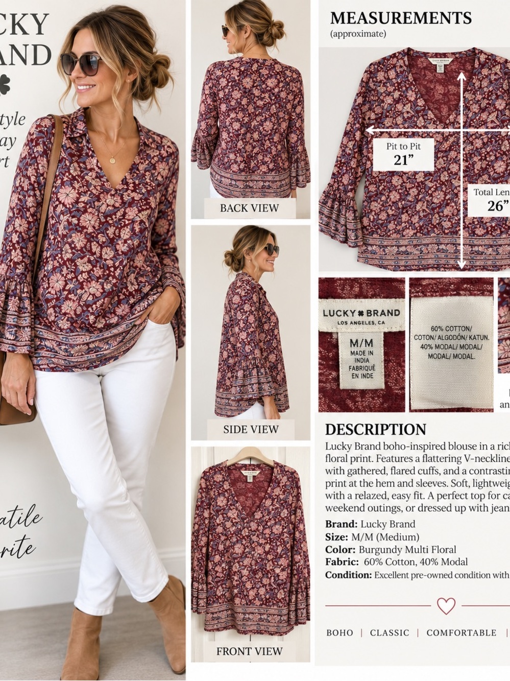 Lucky Brand Burgundy Floral V-Neck Boho Blouse #132